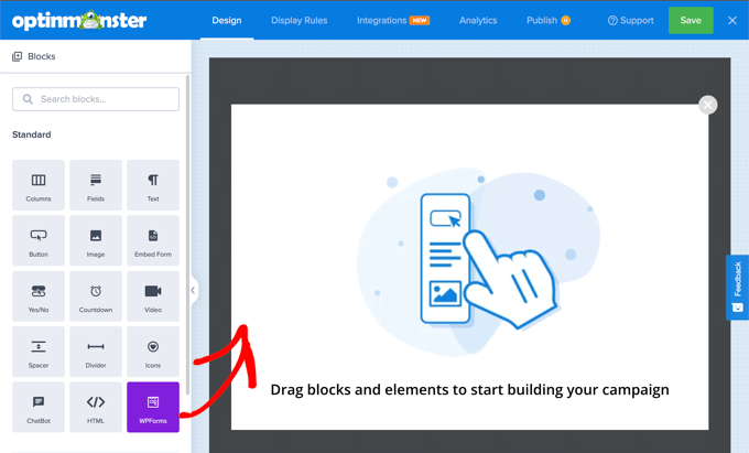 将 WPForms 块拖到页面上