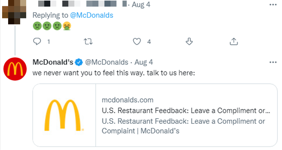 麦当劳回应有人对它发表负面推文