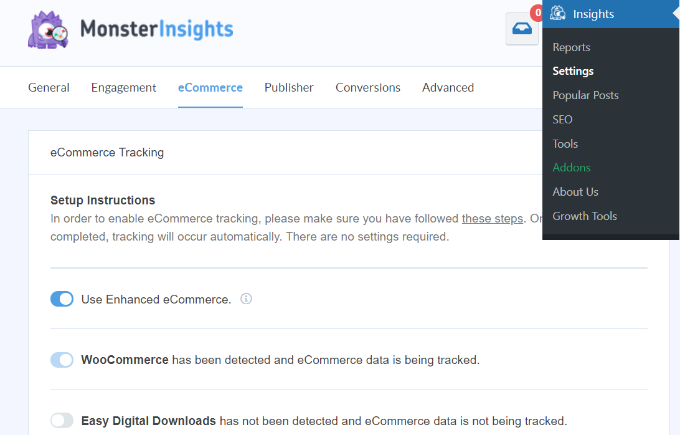 在 MonsterInsights 中打开电子商务跟踪 使用增强型电子商务选项