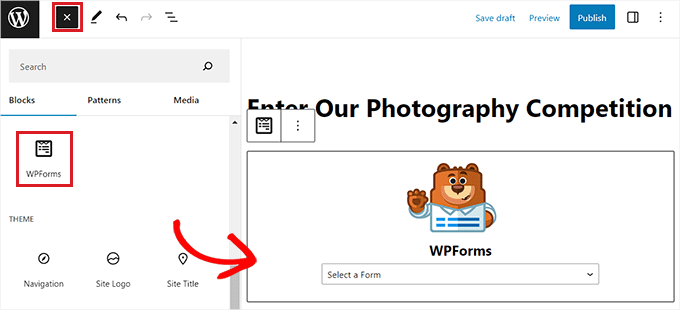 找到并添加 WPForms 块 找到并添加 WPForms 块