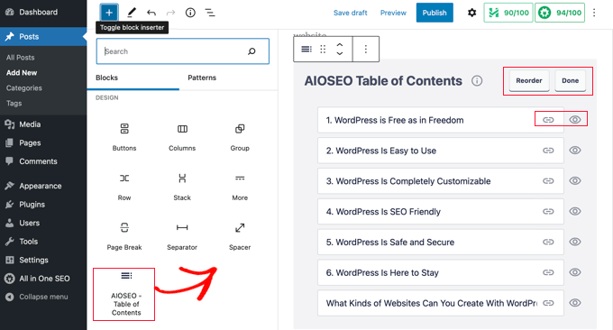 将 AIOSEO 目录块添加到帖子或页面 将 AIOSEO 目录块添加到帖子或页面