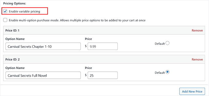 Enable variable pricing Enable variable pricing